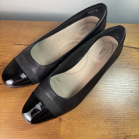 Clarks Womens Juliet Monte Ballet Flat Size 9 M Black Leather Cap Toe Shoe - Picture 2 of 11
